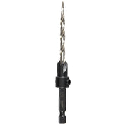 Metal countersink bit with conical cutting head and spiral flute drill shaft mounted on black holder.