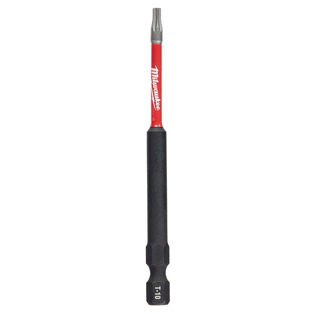 Milwaukee Shockwave T10 impact bit with red shaft and black grip, 3-1/2 inch length.