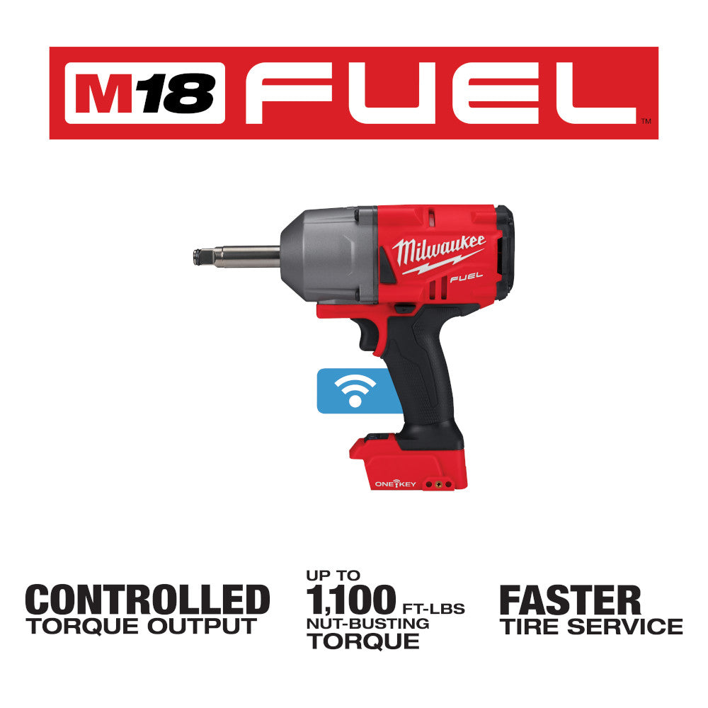 Red and black Milwaukee M18 FUEL 1/2 inch impact wrench with extended anvil and ONE-KEY wireless connectivity icon displayed.