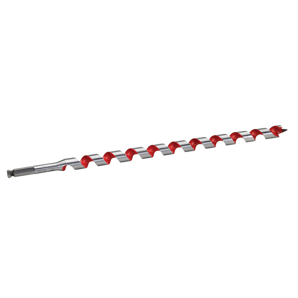 Long spiral auger bit with gray metal shaft and red fluted sections, featuring a pointed tip.
