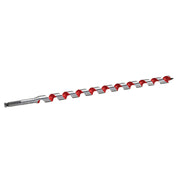Long spiral auger bit with gray metal shaft and red fluted sections, featuring a pointed tip.