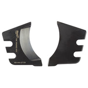 Two black replacement blades with curved cutting edges and notched handles, shown from front and back views.