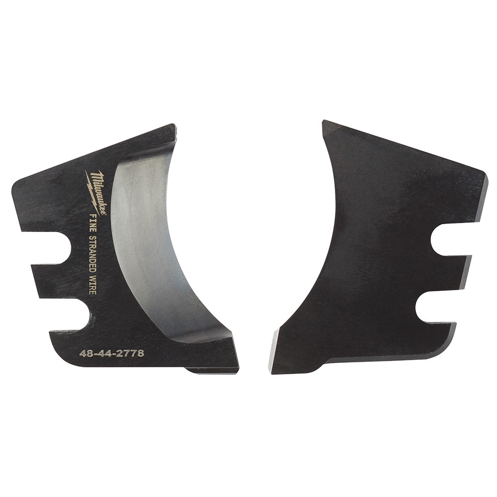 Two black replacement blades with curved cutting edges and notched handles, shown from front and back views.