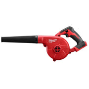 Red and black Milwaukee M18 cordless blower with handle grip and cylindrical nozzle attachment.
