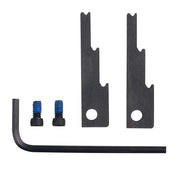 Two notched reaming blades with blue-threaded fasteners, an L-shaped wrench, and two screws displayed on white background.