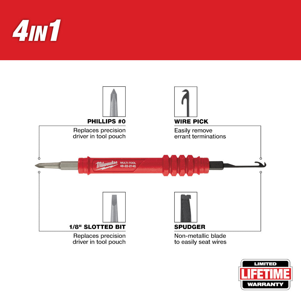 Red and black multi-tool with Phillips, wire pick, slotted bit, and spudger attachments labeled.