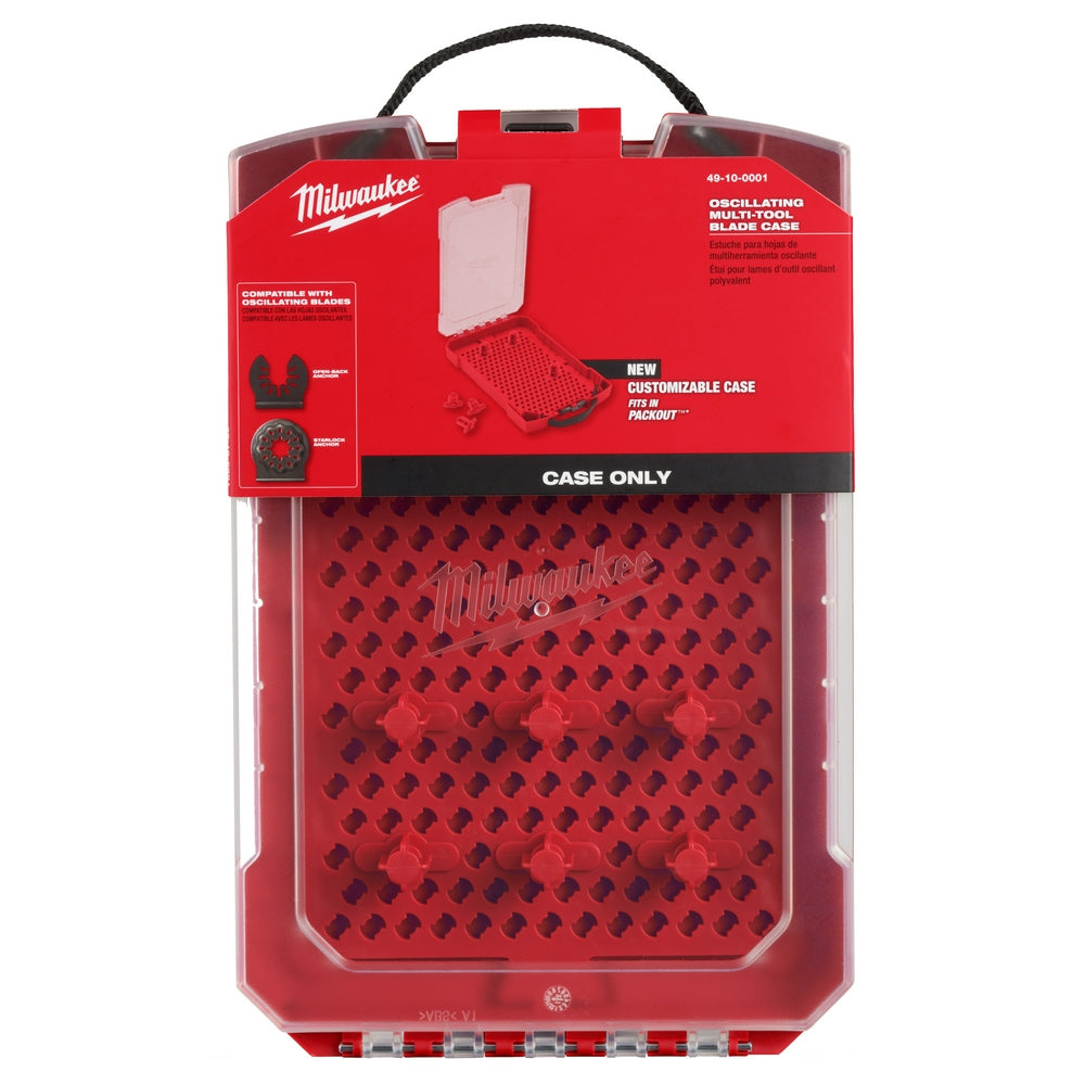 Red Milwaukee oscillating blade case with black handle, perforated storage design, and clear front panel showing interior com