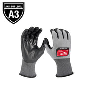 Gray and black polyurethane dipped work gloves with ANSI A3 cut level protection rating shown front and back.