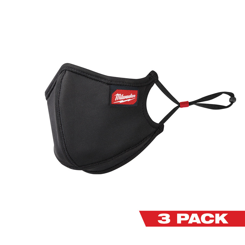 Black reusable face mask with Milwaukee logo and elastic ear loops.