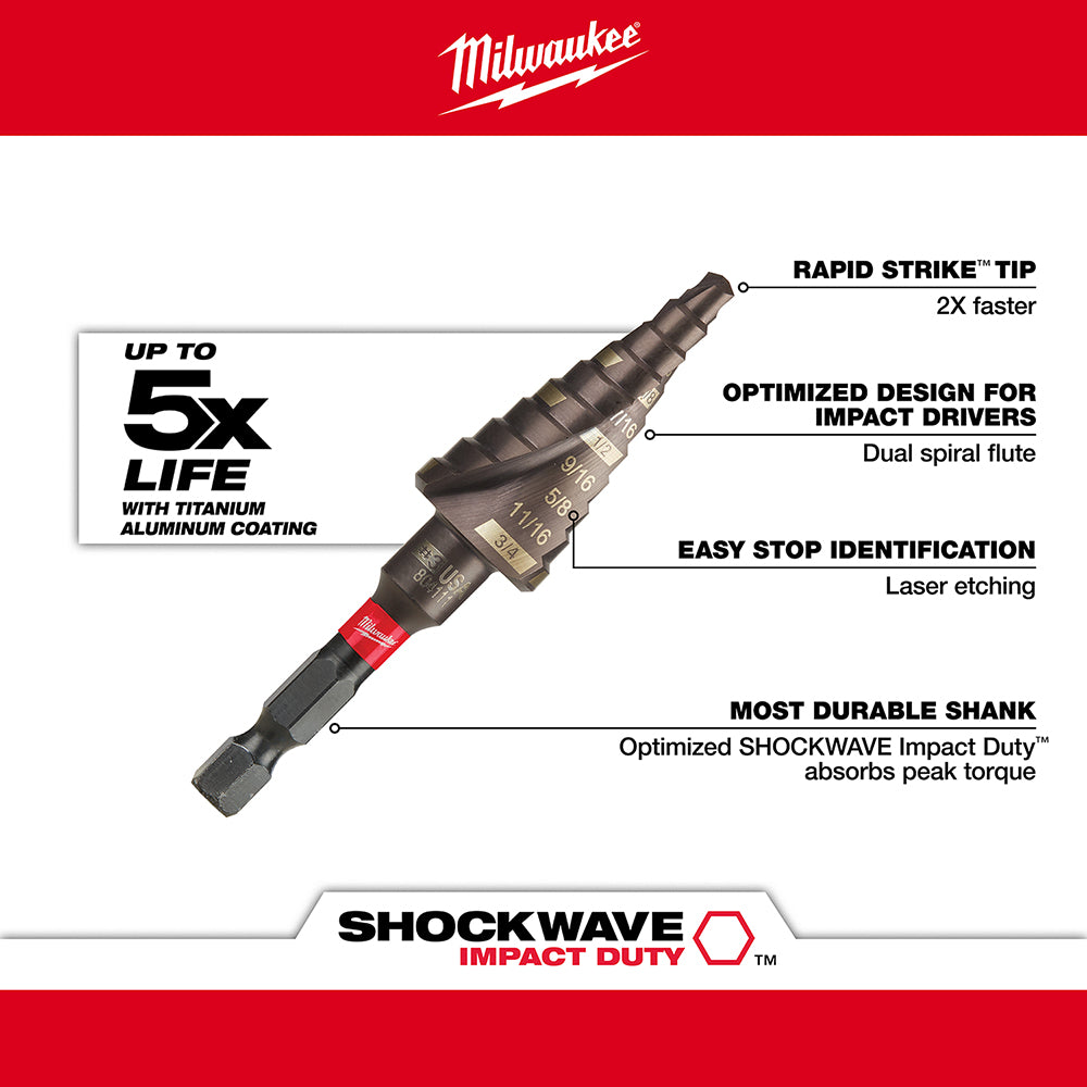 Milwaukee Shockwave Impact Duty step bit with black titanium coating, dual spiral flute design, and red impact-rated shank.