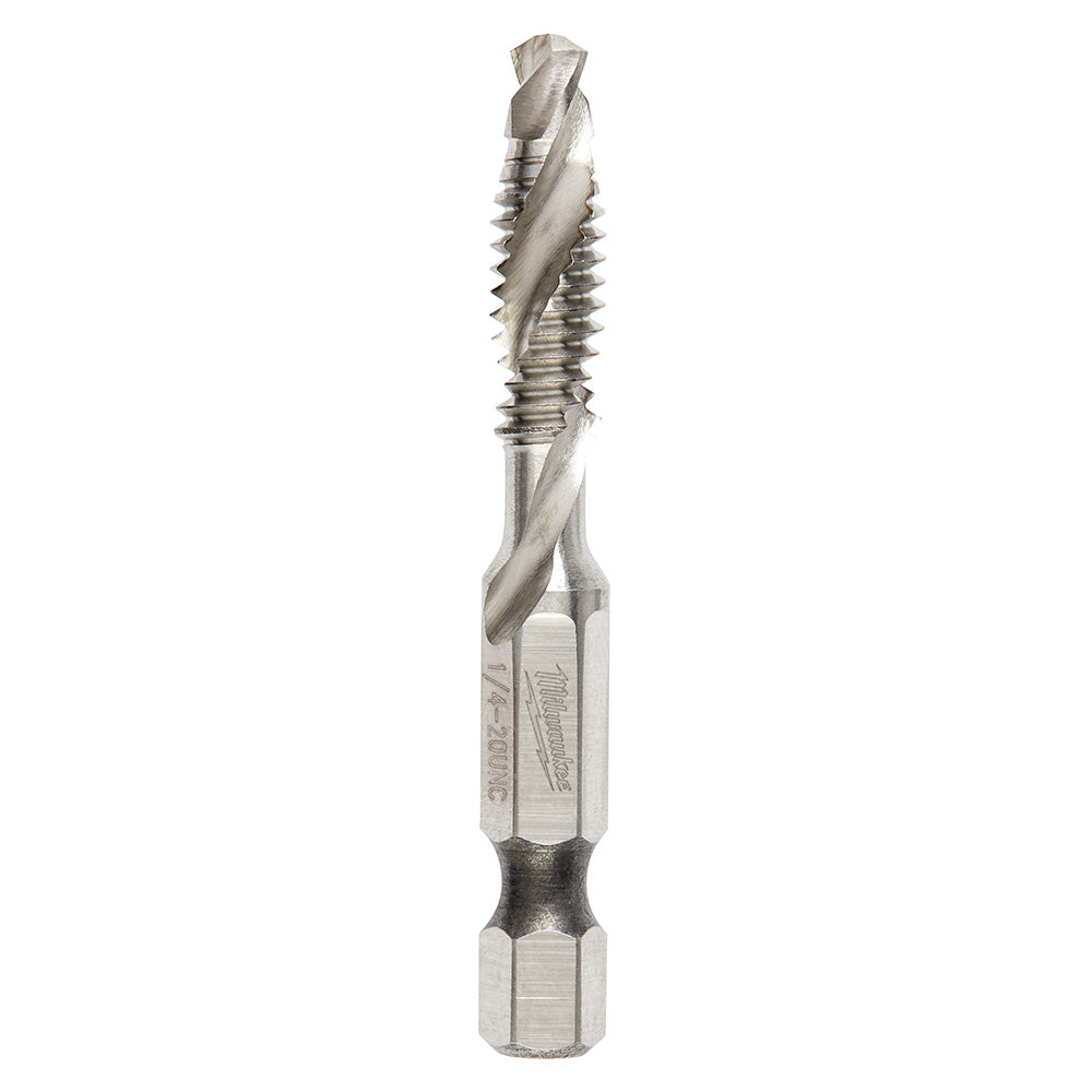 Metallic impact drill tap with spiral flutes and hexagonal bit end on white background.