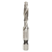 Metallic impact drill tap with spiral flutes and hexagonal bit end on white background.