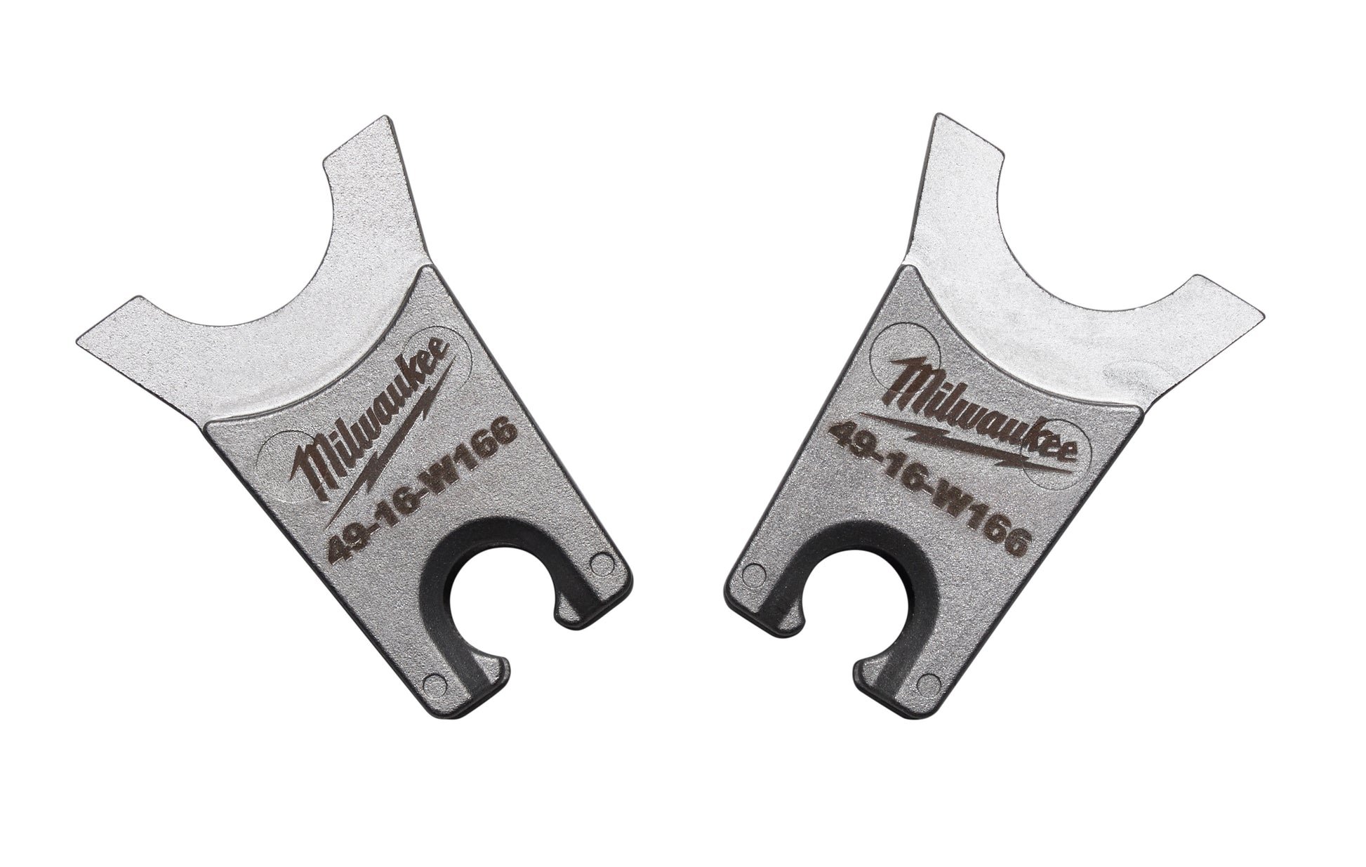 Milwaukee W-166 die with curved top and circular opening, shown front and back views.
