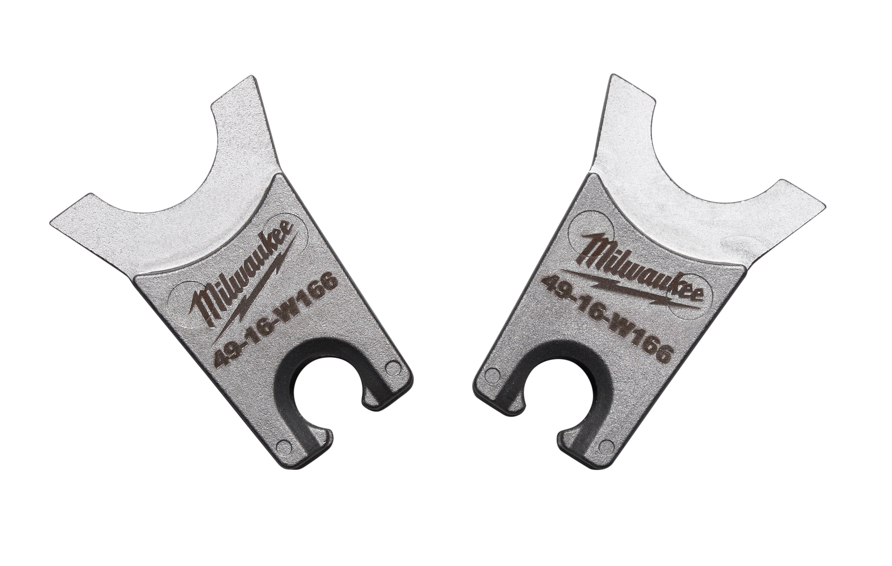 Milwaukee W-166 die with curved top and circular opening, shown front and back views.