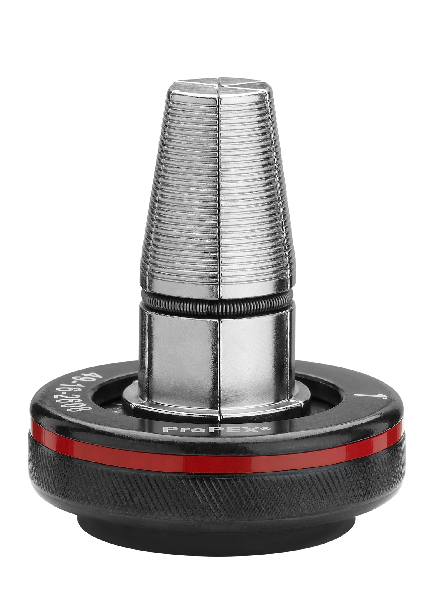 Milwaukee M18 ProPEX 1 inch expansion head with metal cone and black textured base with red stripe.