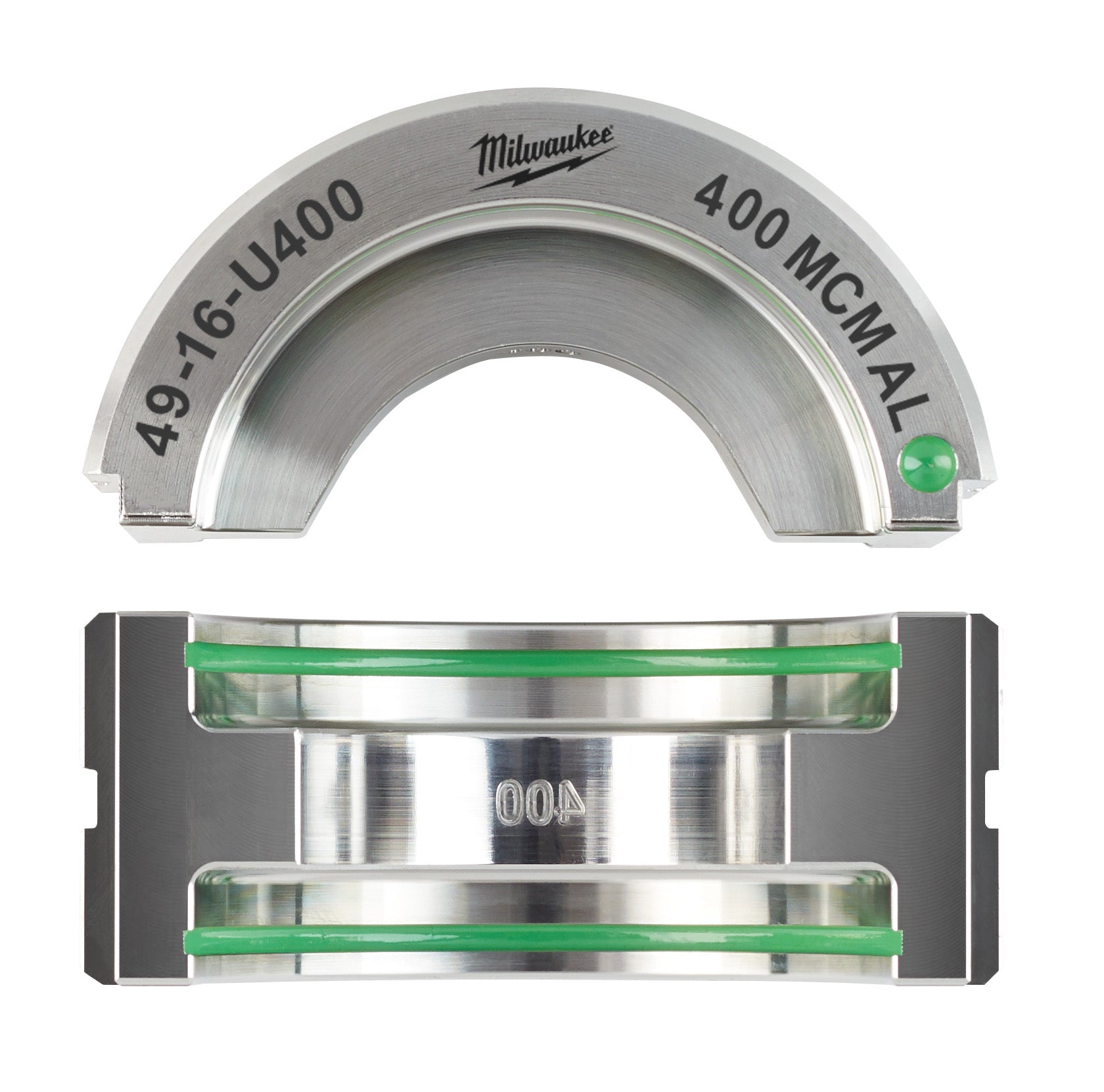 Milwaukee 49-16-U400 aluminum U-style die with curved top and rectangular base featuring green level indicators.