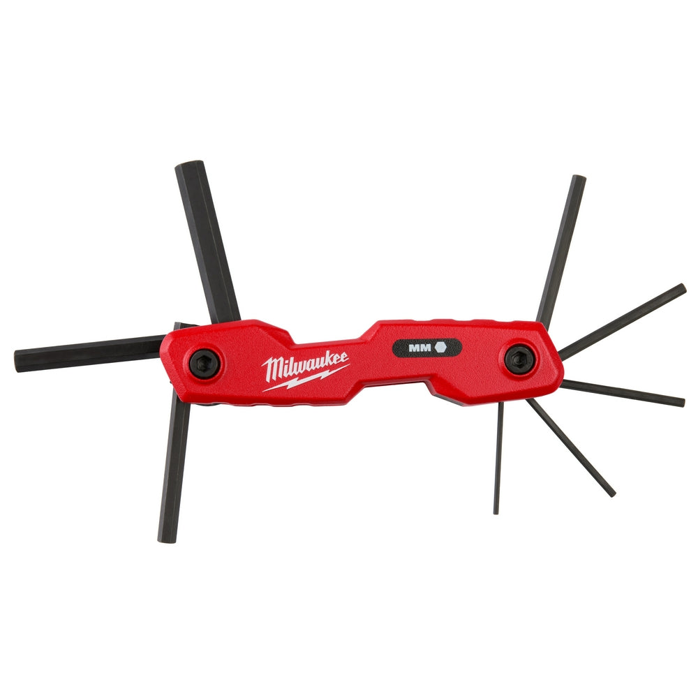 Red folding hex key set with eight black metric keys extending from red center body marked "Milwaukee" and "MM".