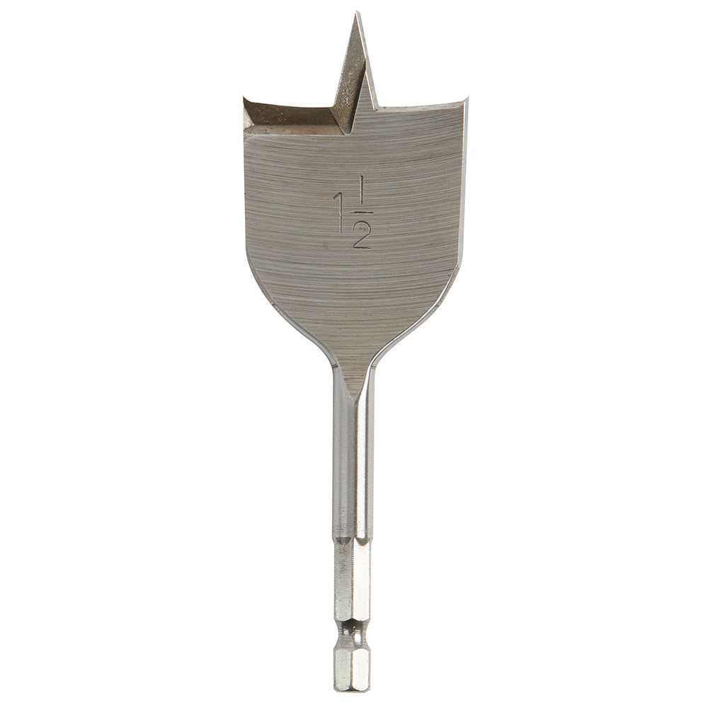 Steel flat boring bit with spade-shaped head and pointed center tip, marked "1 1/2" on shaft.