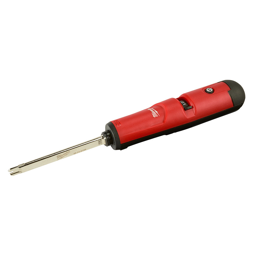 Red and black Milwaukee punchdown tool with extended metal blade and trigger mechanism.