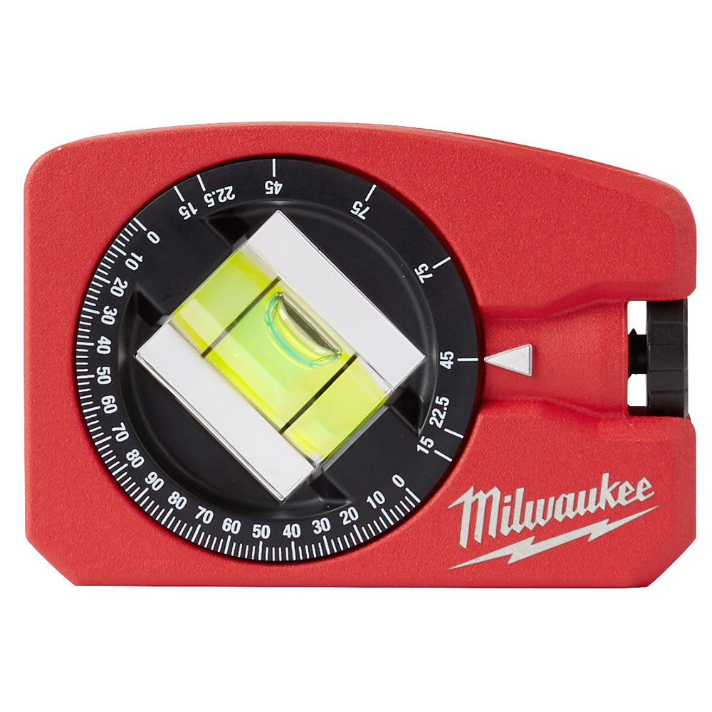 Red Milwaukee pocket level with yellow bubble vial and degree markings on black dial face.