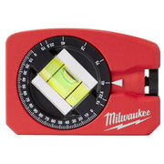 Red Milwaukee pocket level with yellow bubble vial and degree markings on black dial face.