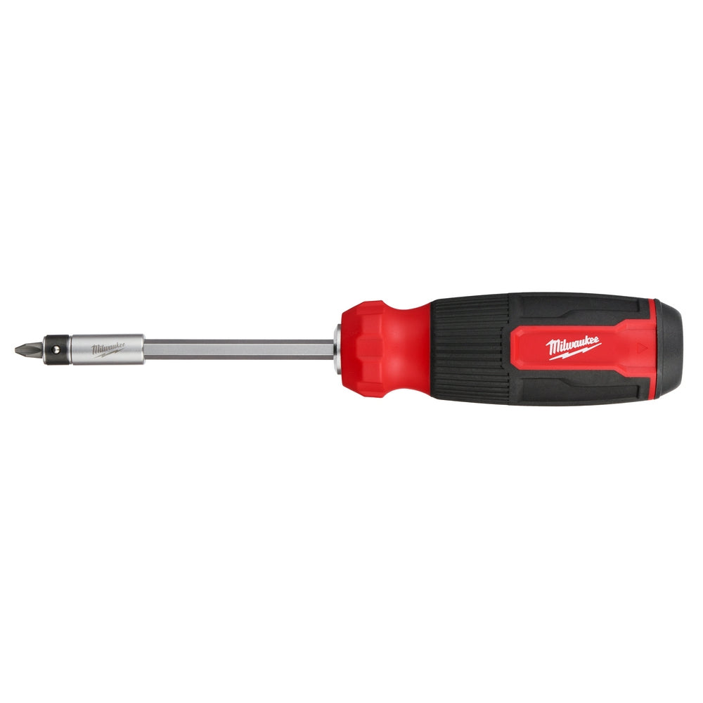 Milwaukee multi-bit screwdriver with red and black handle and extended metal shaft with interchangeable bit tip.