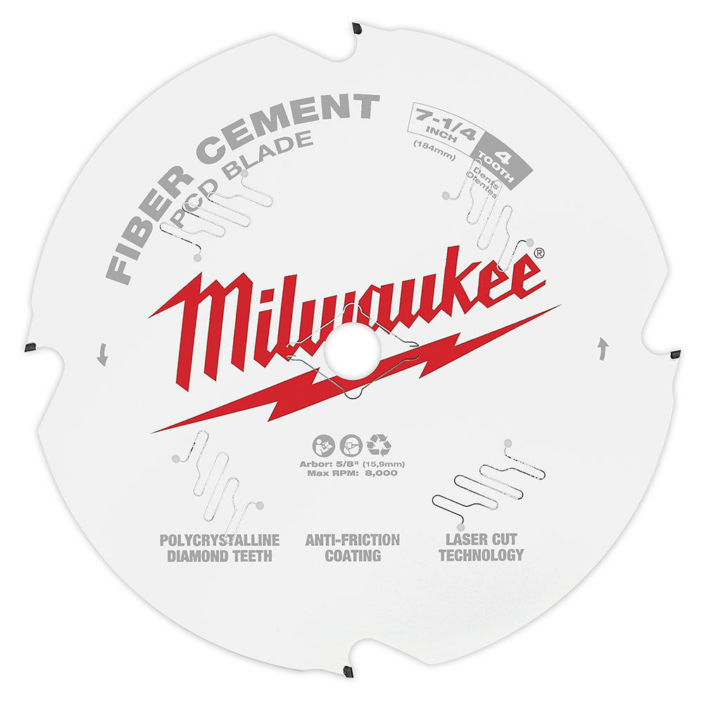 Milwaukee 7-1/4 inch circular saw blade with polycrystalline diamond teeth for fiber cement cutting.