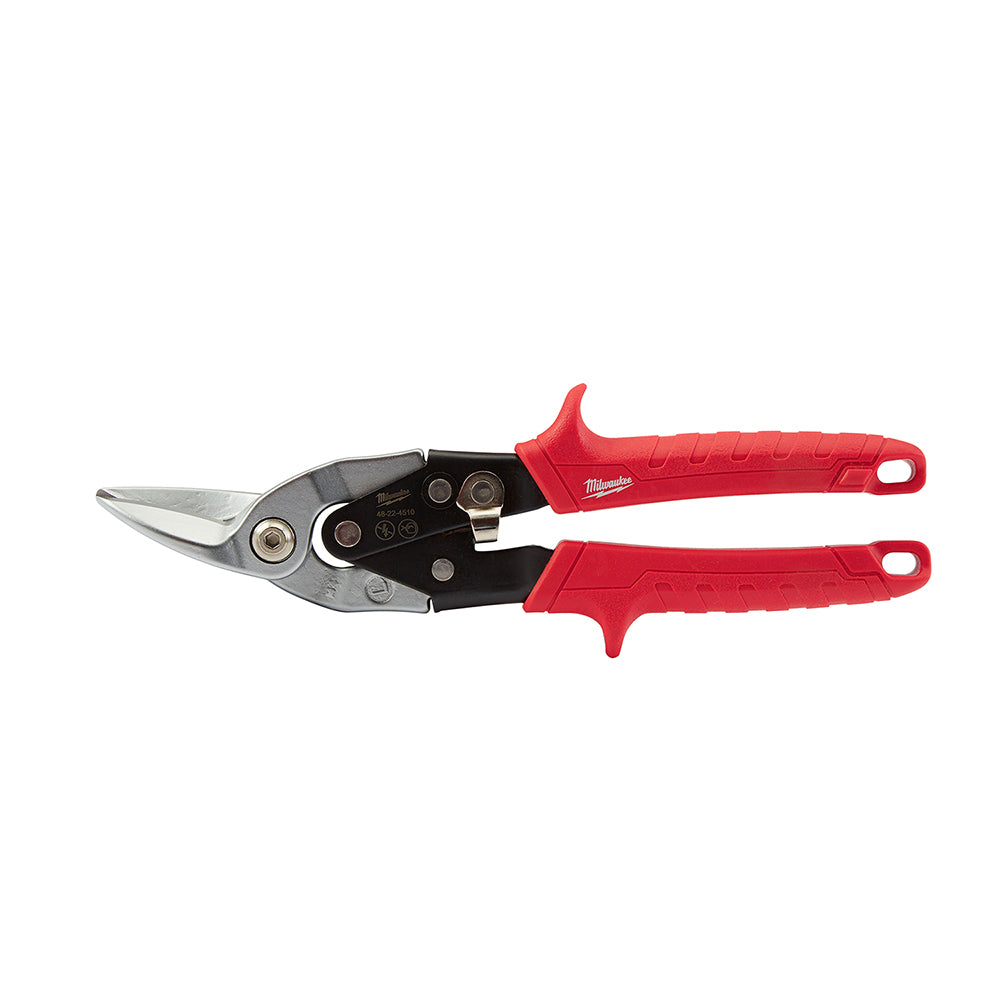 Red and black aviation snips with metal cutting blades and ergonomic handles.