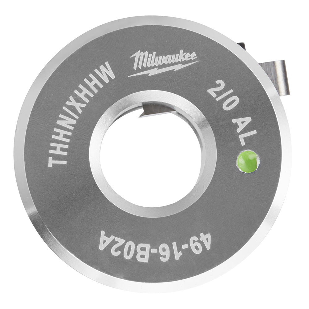 Milwaukee aluminum bushing with center hole marked "2/0 AL" and model number on dark gray face.
