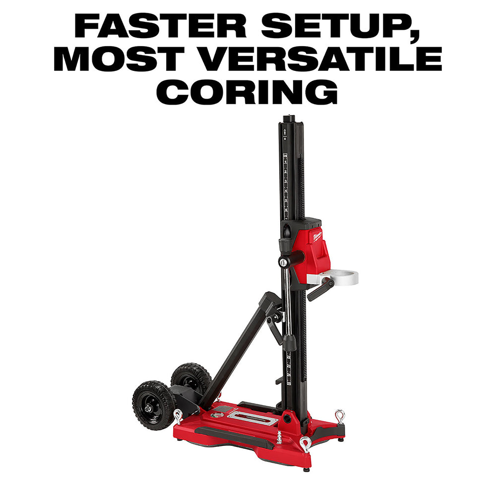 Red and black Milwaukee core drill stand with vertical black mast, two wheels, and red base platform.