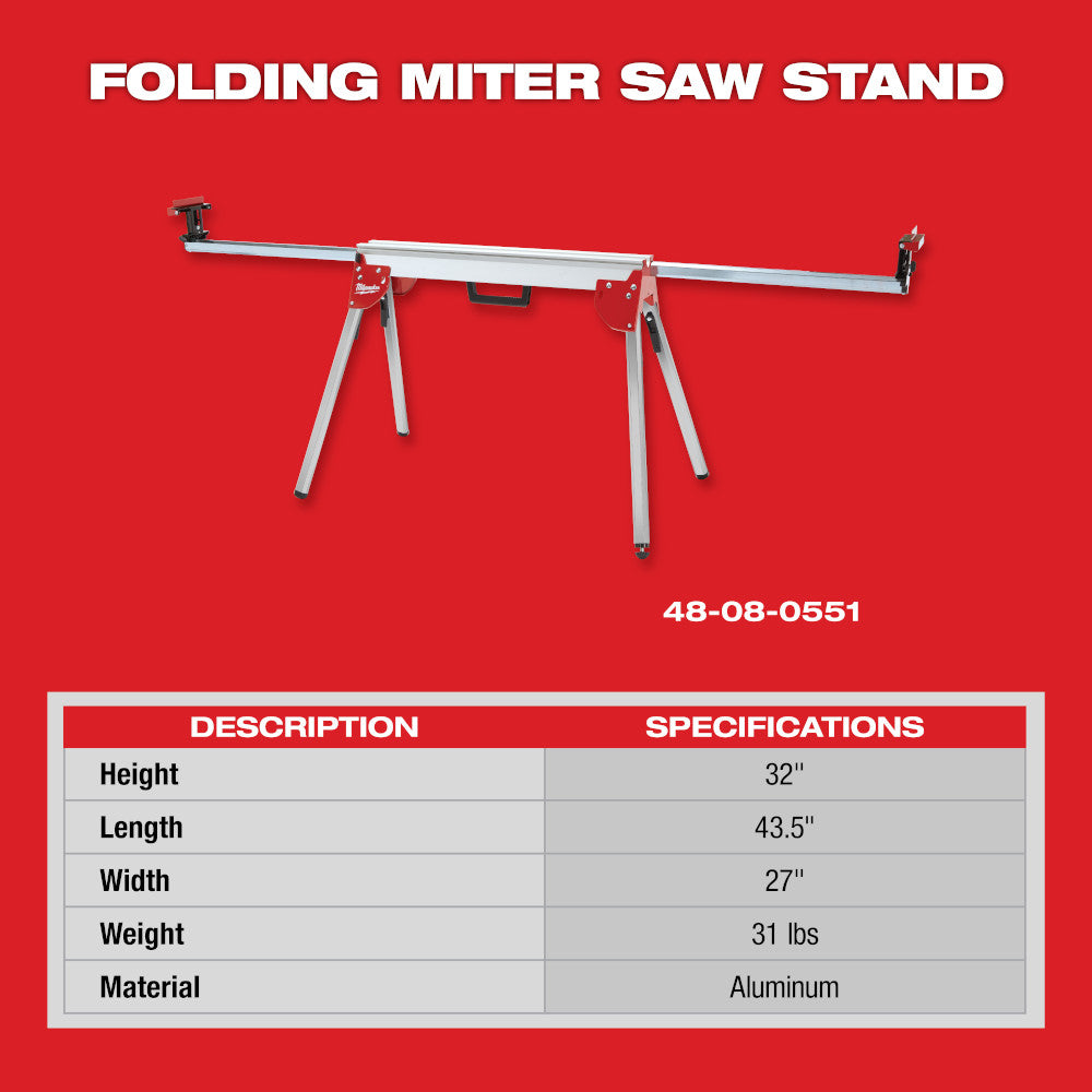 Red and silver aluminum folding miter saw stand with angled legs and horizontal support bar.