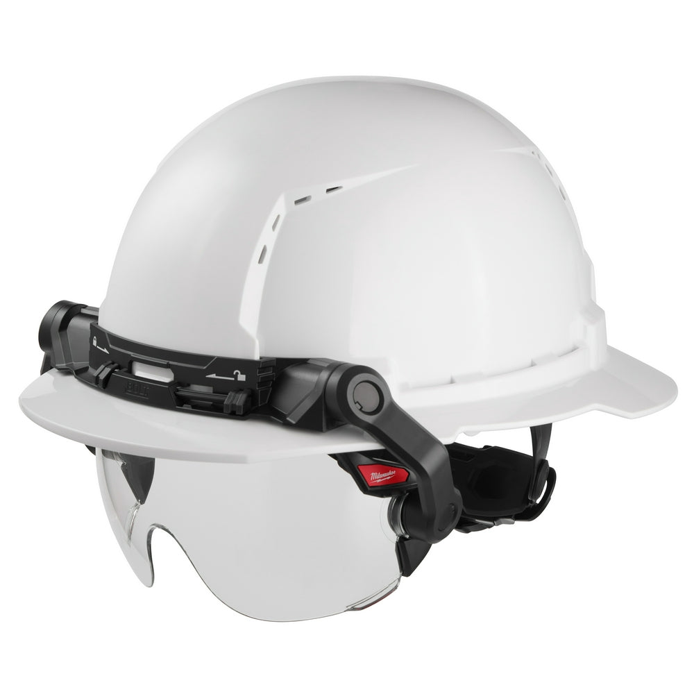 Clear visor with black mounting brackets attached to white safety helmet.