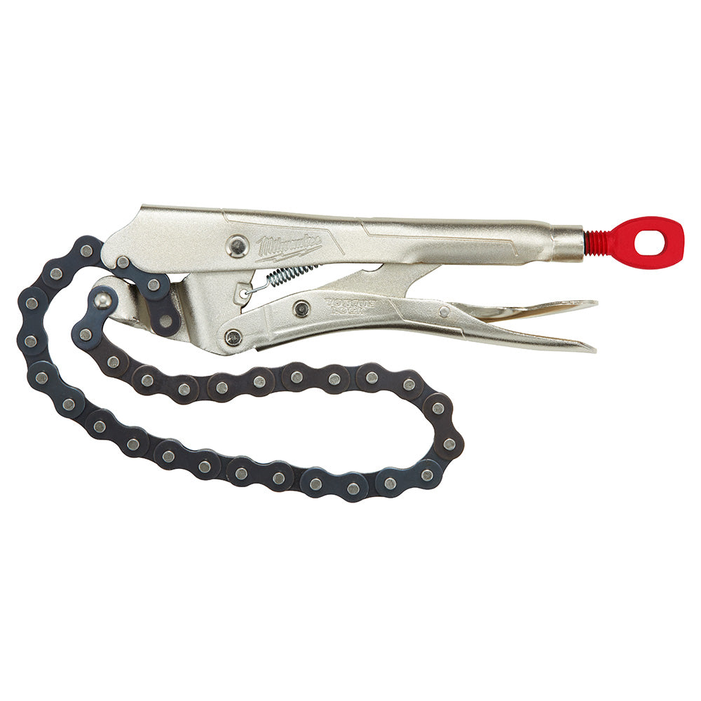 Silver metal locking chain wrench with black chain loop and red rubber handle grip.