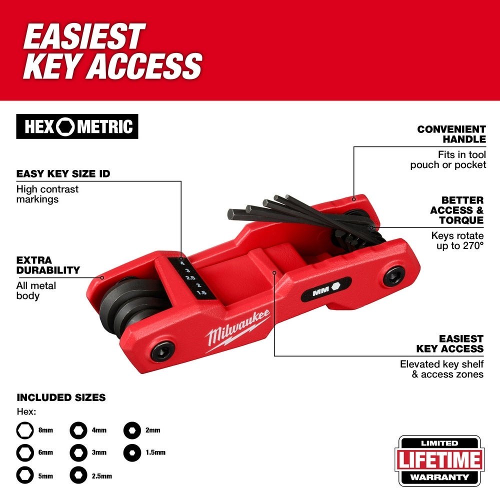 Red and black Milwaukee folding hex key set with eight metric keys in a compact holder with rotating mechanism.