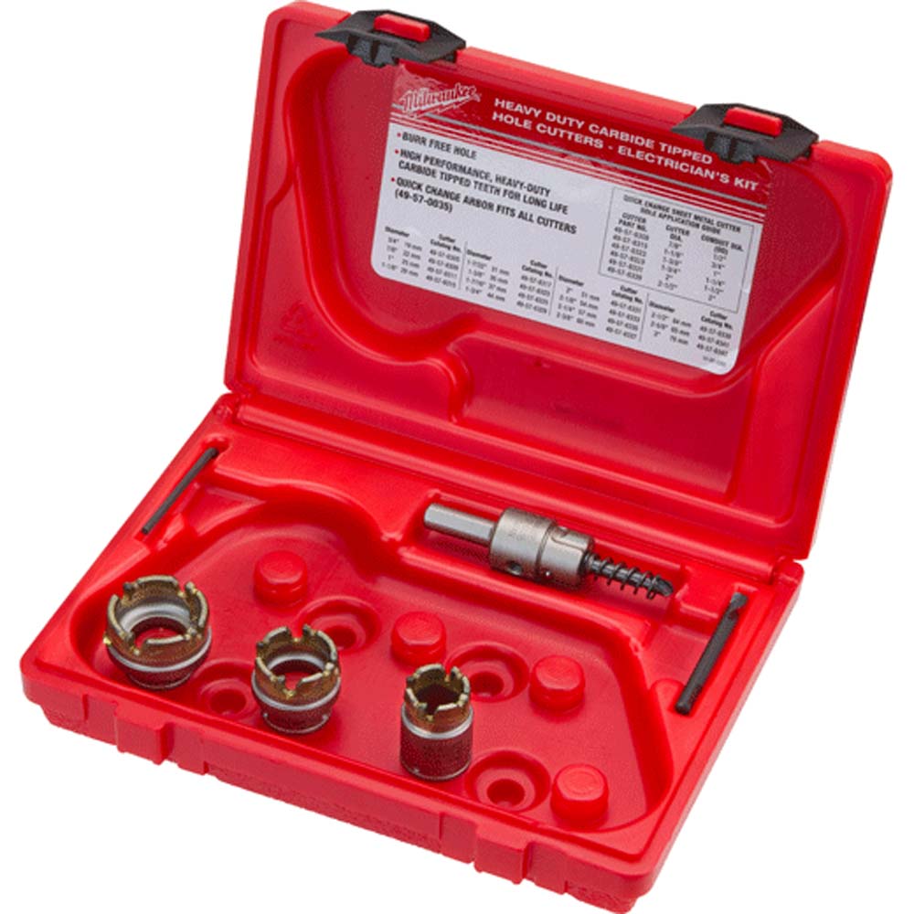 Milwaukee carbide hole cutter kit in red case with four circular cutting bits, driver tool, and accessories.