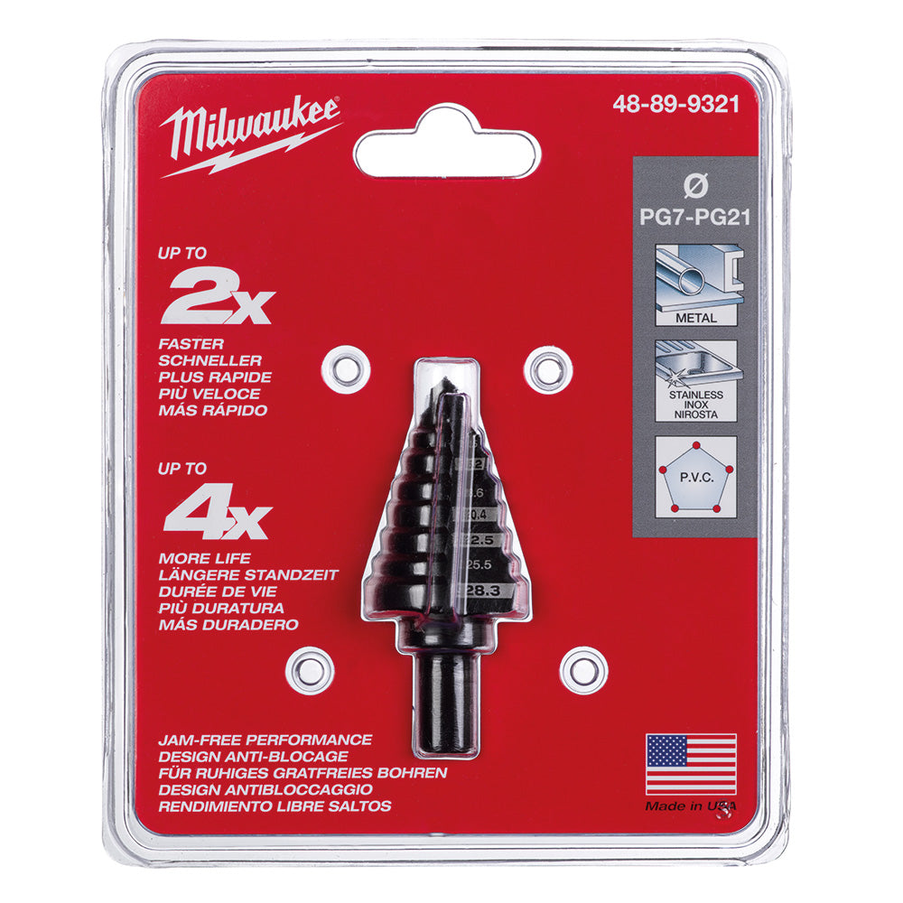 Milwaukee step drill bit PG7-PG21 with black fluted cone design on red packaging card with product specifications and usage i