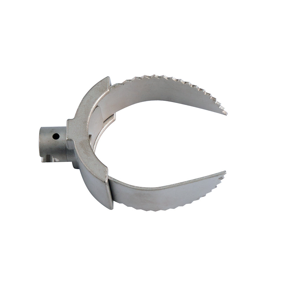 Metal root cutter with serrated cutting head and side attachment port for drum cable use.