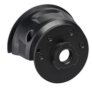 Black metal mounting plate with cylindrical hub, central hole, and four socket head cap screws.