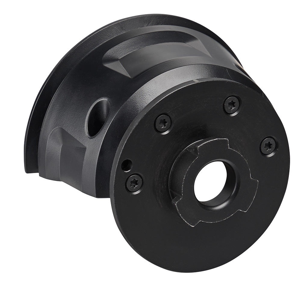 Black metal mounting plate with cylindrical hub, central hole, and four socket head cap screws.