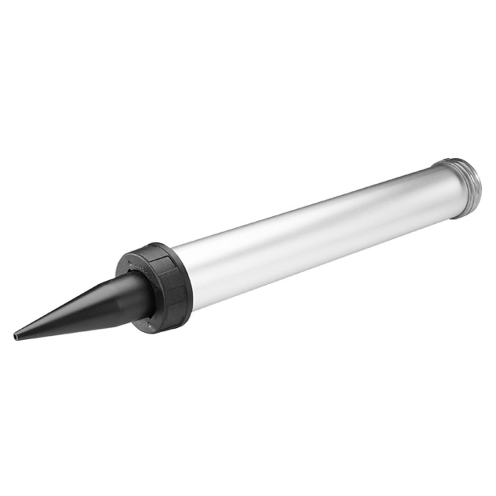 Silver aluminum barrel with black threaded tip and collar, caulking gun component.