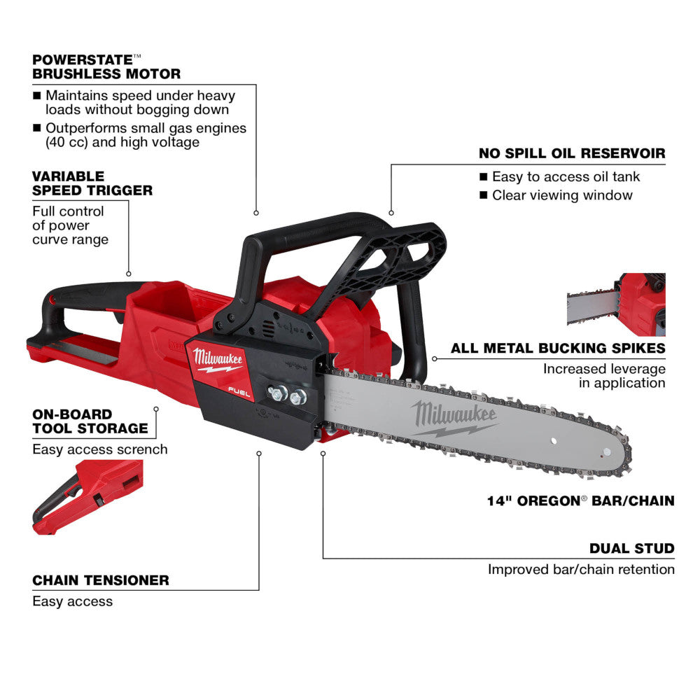 Milwaukee M18 FUEL 14" cordless chainsaw with red and black housing, featuring variable speed trigger and Oregon bar with cha