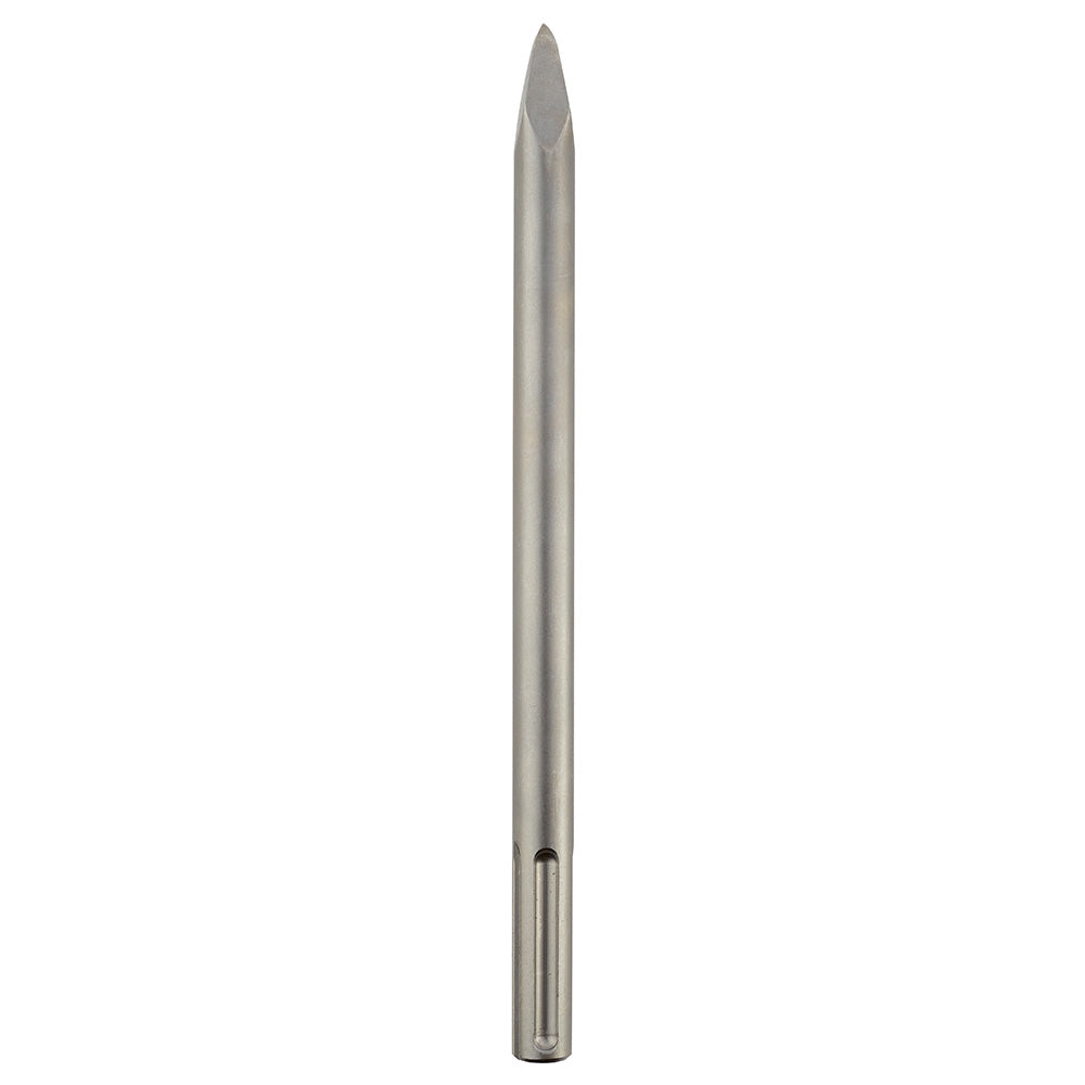 Gray steel SDS-Max bull point chisel with tapered shaft and pointed tip for concrete breaking.