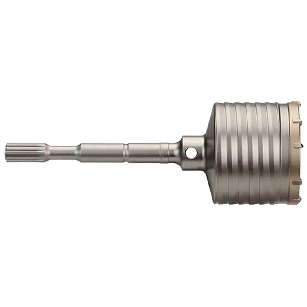 Metal spline core bit with cylindrical cutting head and extended shaft for rotary drilling applications.