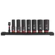 Eight black metric deep sockets with red bands, sizes 10-21mm, and adapter on black rail organizer.