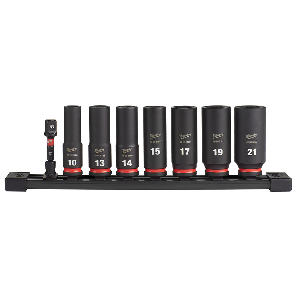 Eight black metric deep sockets with red bands, sizes 10-21mm, and adapter on black rail organizer.