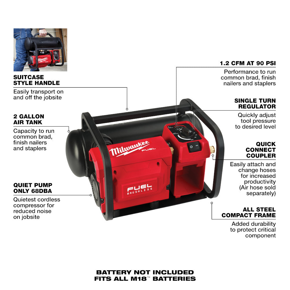 Red and black M18 FUEL cordless air compressor with 2-gallon tank, carrying handle, and control dial.