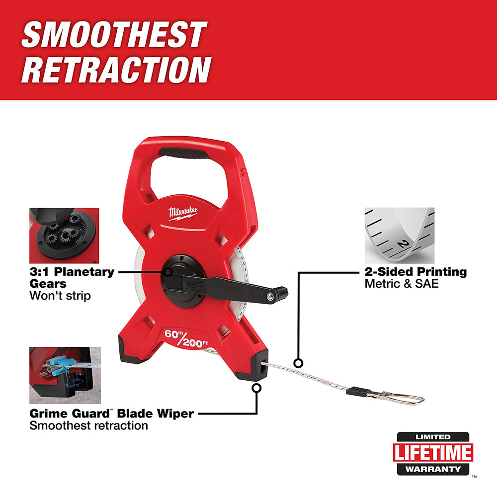 Red Milwaukee fiberglass open reel tape measure with 60m/200' capacity and metric/SAE markings.