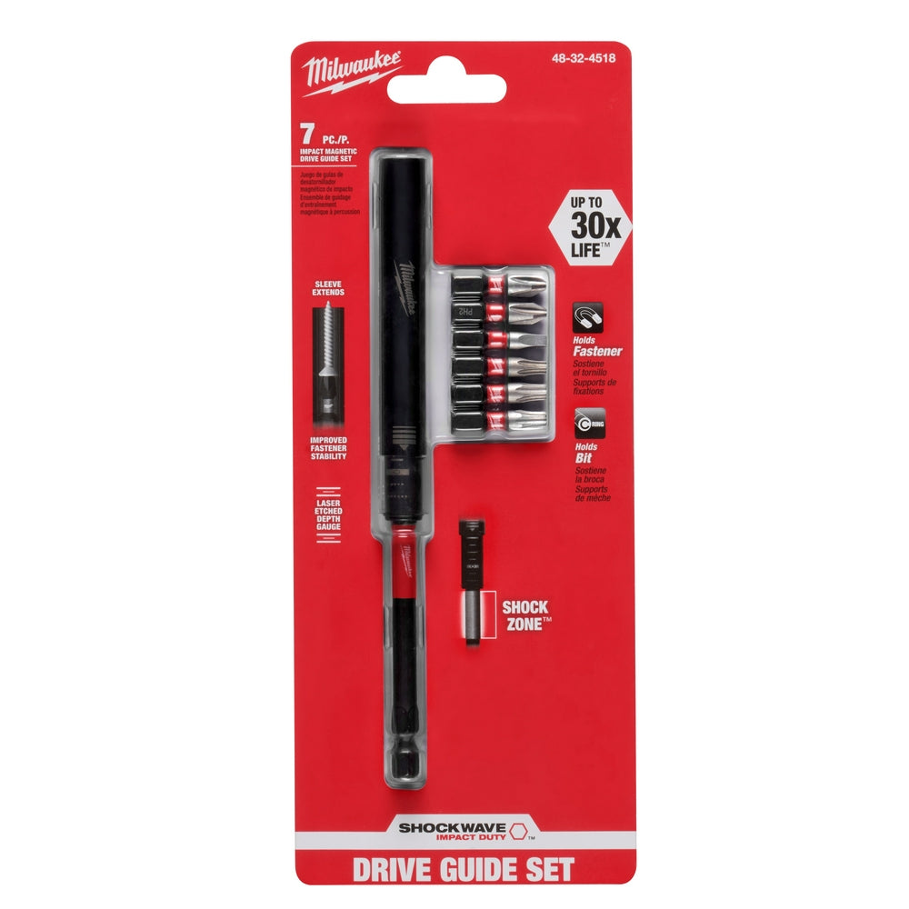 Milwaukee Shockwave 7-piece impact magnetic drive guide set with black handle, magnetic bits, and shock zone adapter on red p