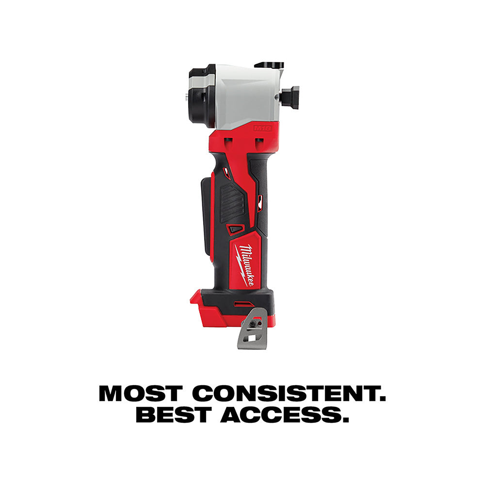 Milwaukee M18 cable stripper with red and black body, white head section, and gray cutting blade at bottom.