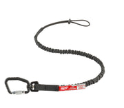 Black elastic tool lanyard with carabiner clip on one end and loop on the other, featuring red Milwaukee label and metal lock
